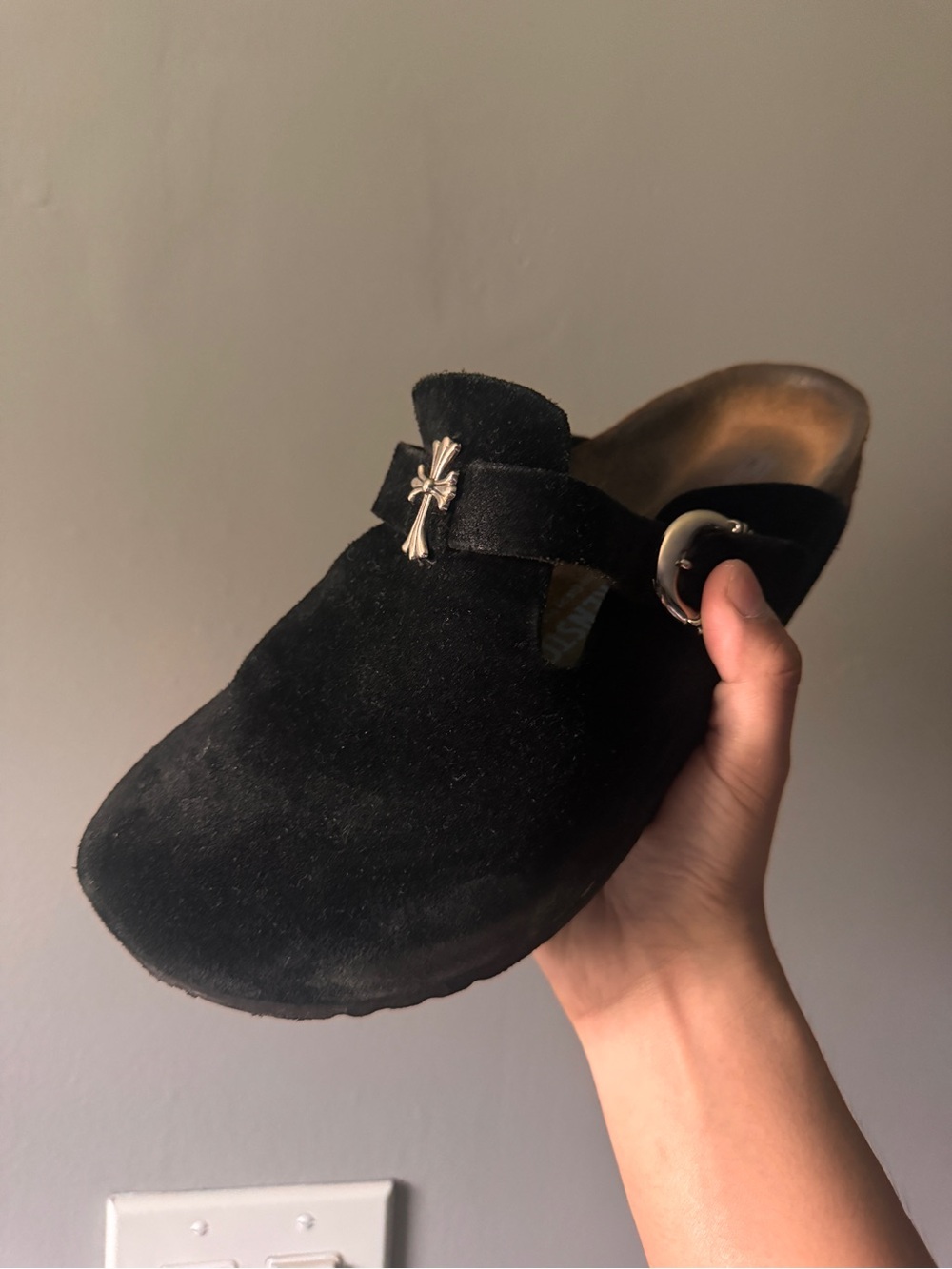 Chrome Hearts Black Suede Slip-On Birkenstock Clogs